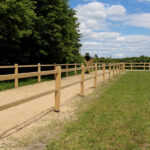 Post and rail fence around a sand track, next to grass paddock