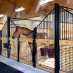 Mesh euro stall fronts with a chestnut horse in one stall