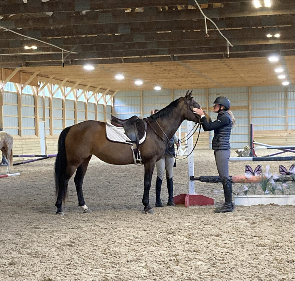 Sinead Halpin loving on a pony during a clinic