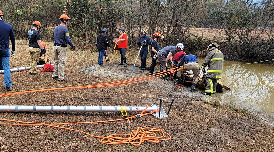 Training to rescue a horse out of a pond