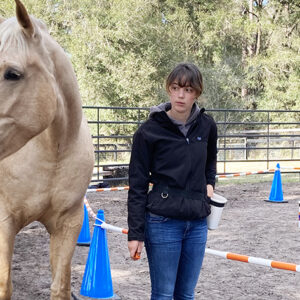 Palomino horse and two women looking on