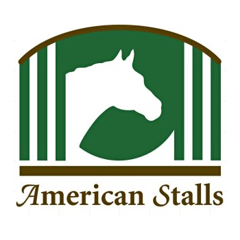 American Stalls Logo, green and white horse silhouette inside horse stall grille