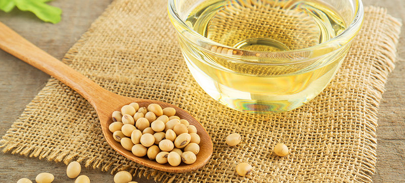 oil in a small bowl next to a wooden spoon holding raw soybeans